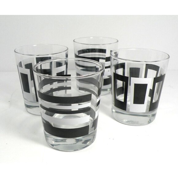 Set Of 4 VTG IKEA Godis Mid-Century Modern Glasses With Black & White Geometric - Picture 2 of 10